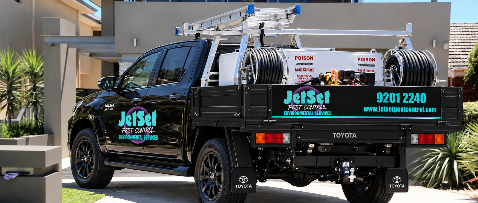 Jetset Hilux pest control vehicle with hose reels, updated logo and 9201 2240 phone number