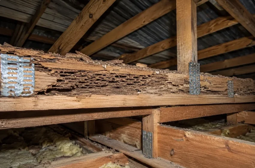 Termite-damaged timber beam in a roof space
